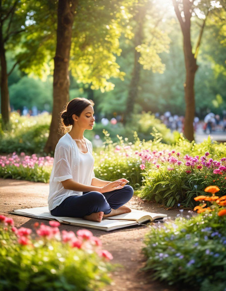 A serene individual meditating in a busy urban park, surrounded by vibrant greenery and colorful flowers. Soft rays of sunlight filter through the trees, creating a calm atmosphere amidst the hustle of the city. Include elements like a notebook and tea beside them, symbolizing self-care. The background bustling with blurred figures to represent the busy world. soft-focus. vibrant colors. 3D.