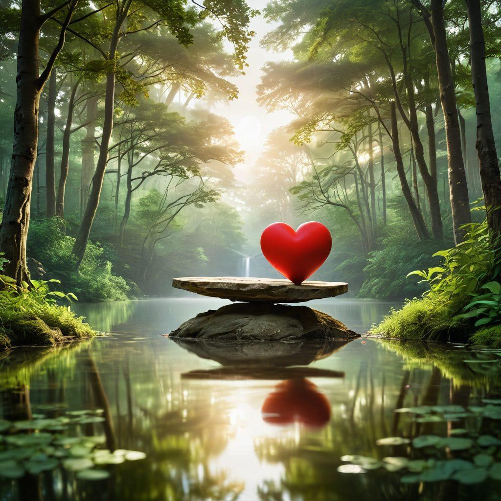 A serene landscape featuring a balanced scale with a heart and a brain elegantly positioned on either side, symbolizing emotional wellness and mental clarity. In the background, a tranquil sunrise illuminates a peaceful path through a lush, green forest, representing the journey to life balance. Include a gently flowing river to signify healing and tranquility. ultra-realistic. vibrant colors. soft focus.