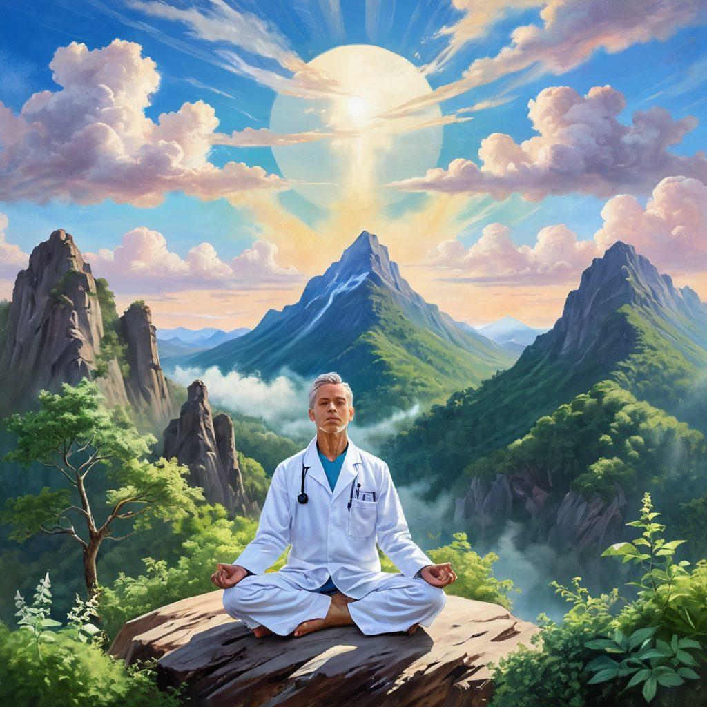 A serene landscape depicting a physician in a white coat meditating on top of a mountain, surrounded by lush greenery and a balanced yoga symbol in the clouds, merging nature and wellness to evoke peace and growth. soft pastel colors. impressionistic style.